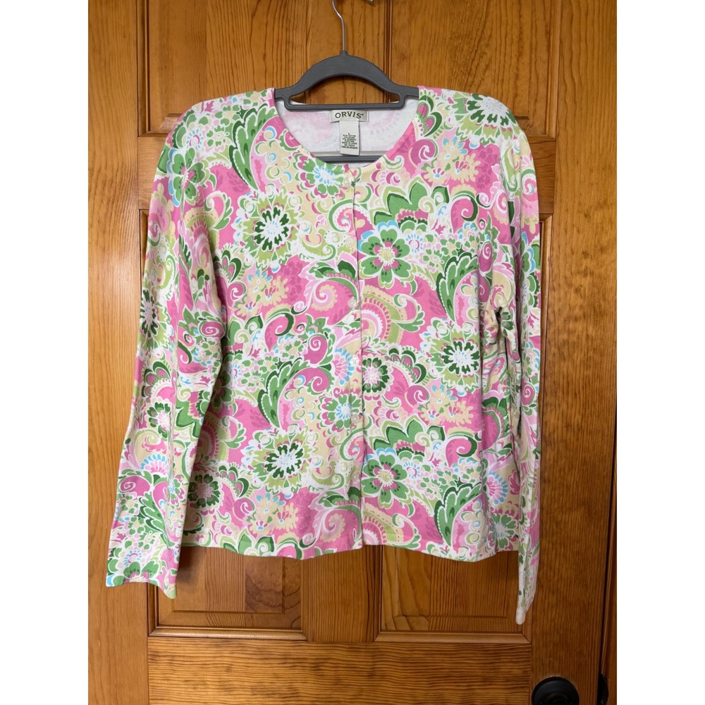 Orvis Womens Pink Green Floral Paisley Button Front Cardigan Sweater Large L